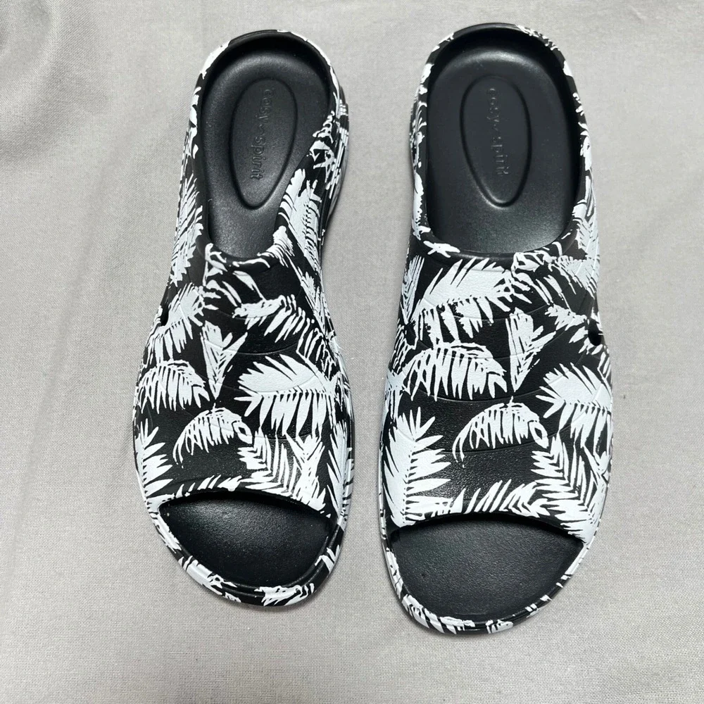 Easy‎ Spirit Tess Slides Comfort Sandals Black White Palm Print Tropical 8M